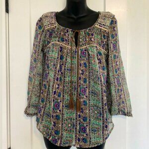 American Eagle Tie Front Printed Long Sleeve Boho Sheer Light Blouse Size XS
